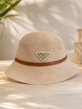 NotPrada Women's Cream Straw Bucket Hat with Brown Trim